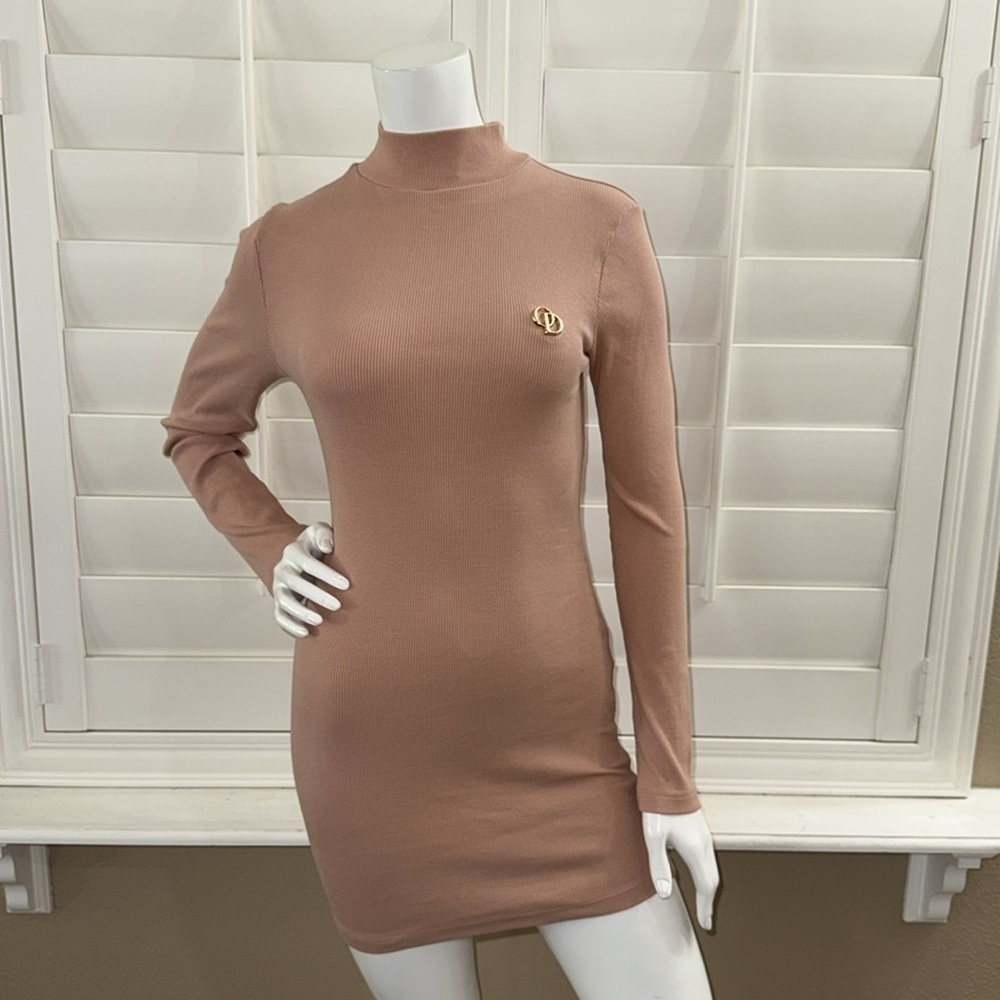 ODolls Collection logo high neck long sleeve mini bodycon dress in cream